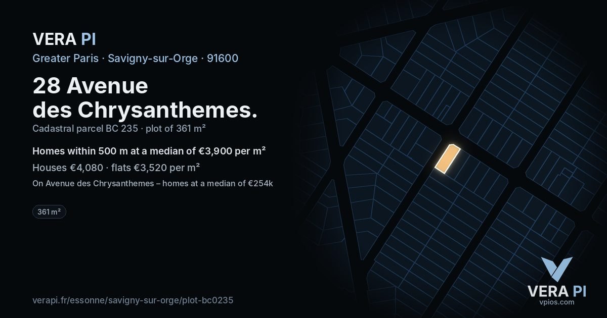 28 Avenue des Chrysanthemes, Savigny-sur-Orge at night – the plot lit, the parcels around coloured by the prices near them