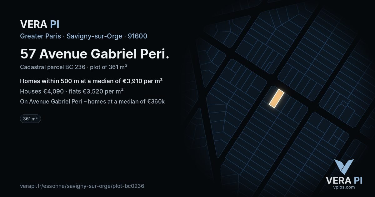 57 Avenue Gabriel Peri, Savigny-sur-Orge at night – the plot lit, the parcels around coloured by the prices near them
