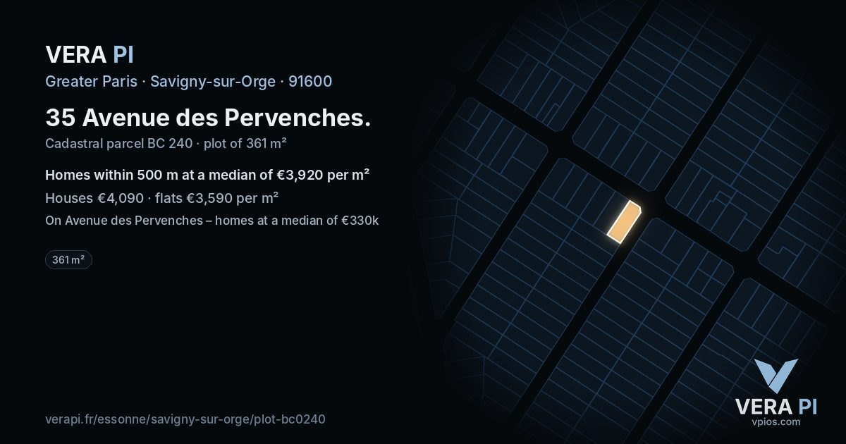 35 Avenue des Pervenches, Savigny-sur-Orge at night – the plot lit, the parcels around coloured by the prices near them