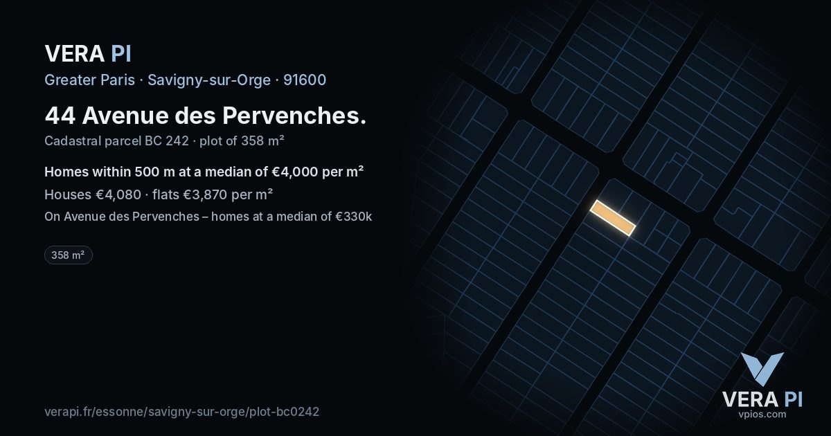 44 Avenue des Pervenches, Savigny-sur-Orge at night – the plot lit, the parcels around coloured by the prices near them