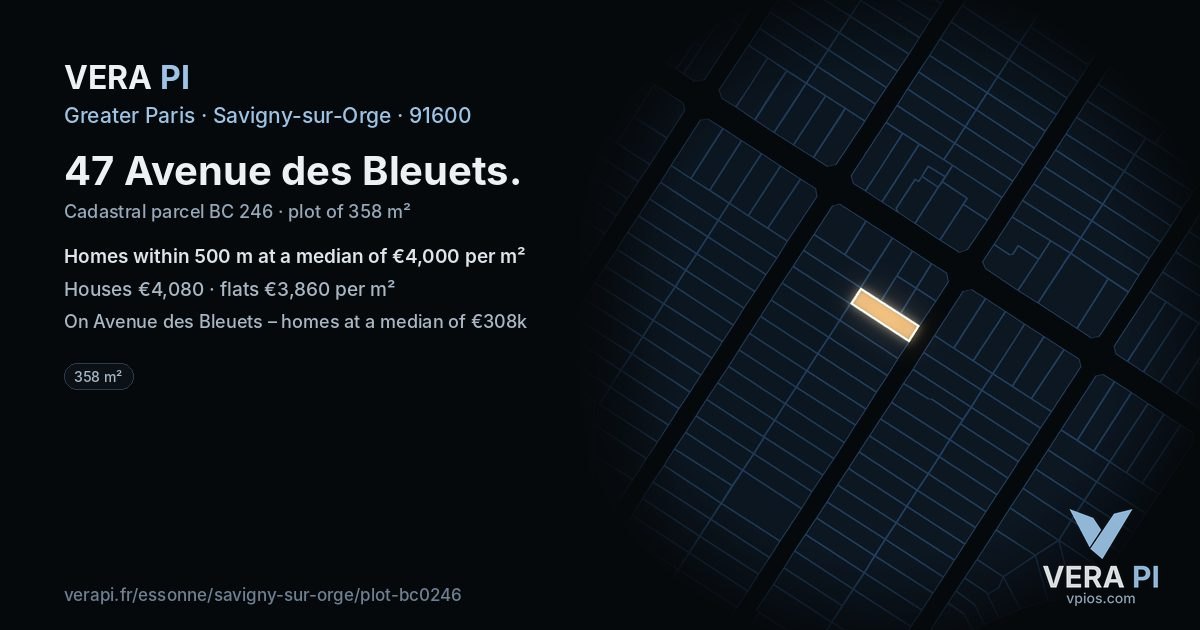 47 Avenue des Bleuets, Savigny-sur-Orge at night – the plot lit, the parcels around coloured by the prices near them