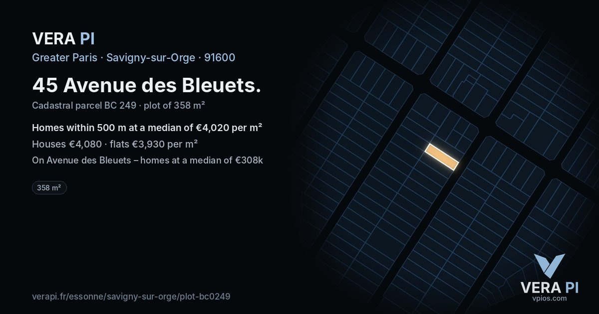 45 Avenue des Bleuets, Savigny-sur-Orge at night – the plot lit, the parcels around coloured by the prices near them