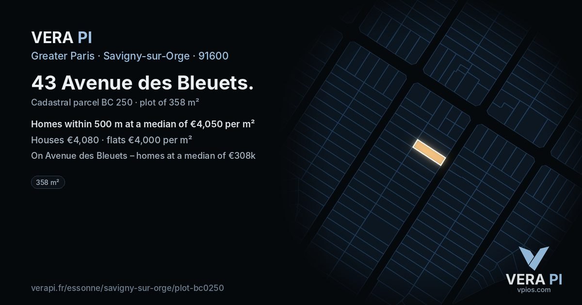 43 Avenue des Bleuets, Savigny-sur-Orge at night – the plot lit, the parcels around coloured by the prices near them