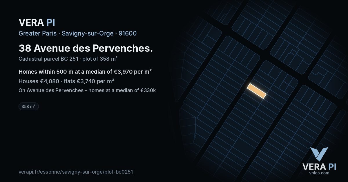 38 Avenue des Pervenches, Savigny-sur-Orge at night – the plot lit, the parcels around coloured by the prices near them
