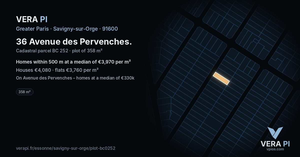 36 Avenue des Pervenches, Savigny-sur-Orge at night – the plot lit, the parcels around coloured by the prices near them