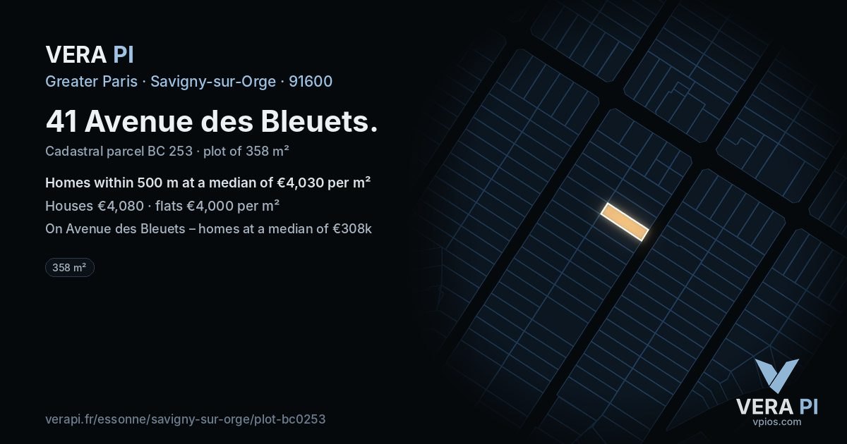 41 Avenue des Bleuets, Savigny-sur-Orge at night – the plot lit, the parcels around coloured by the prices near them