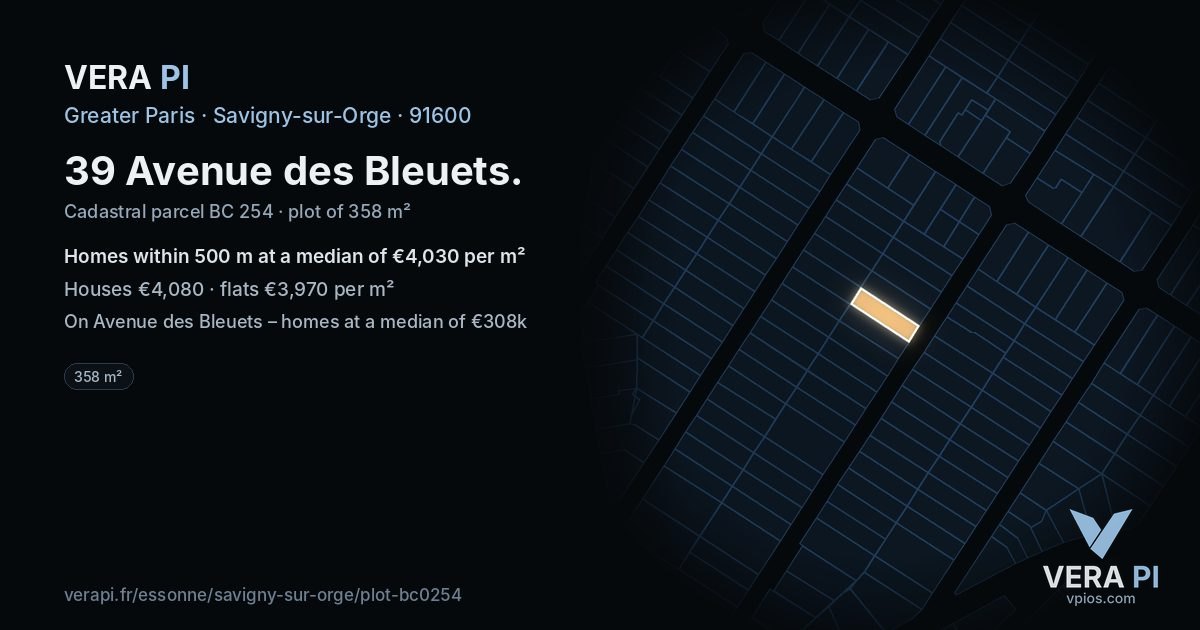 39 Avenue des Bleuets, Savigny-sur-Orge at night – the plot lit, the parcels around coloured by the prices near them