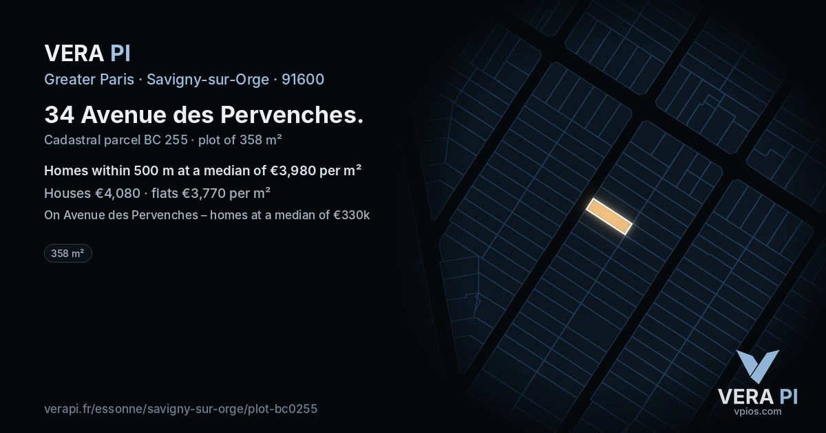 34 Avenue des Pervenches, Savigny-sur-Orge at night – the plot lit, the parcels around coloured by the prices near them