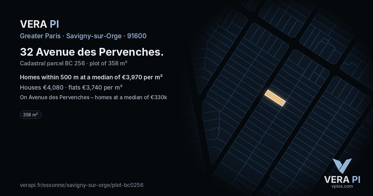 32 Avenue des Pervenches, Savigny-sur-Orge at night – the plot lit, the parcels around coloured by the prices near them