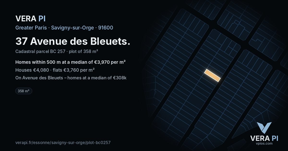 37 Avenue des Bleuets, Savigny-sur-Orge at night – the plot lit, the parcels around coloured by the prices near them