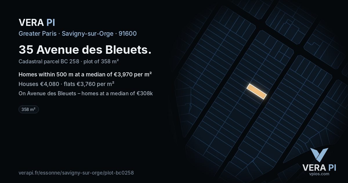 35 Avenue des Bleuets, Savigny-sur-Orge at night – the plot lit, the parcels around coloured by the prices near them