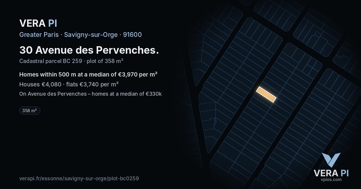 30 Avenue des Pervenches, Savigny-sur-Orge at night – the plot lit, the parcels around coloured by the prices near them
