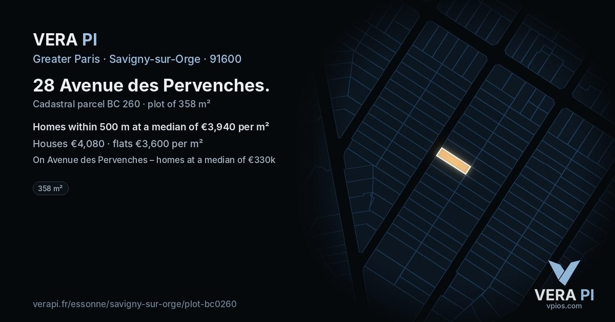28 Avenue des Pervenches, Savigny-sur-Orge at night – the plot lit, the parcels around coloured by the prices near them