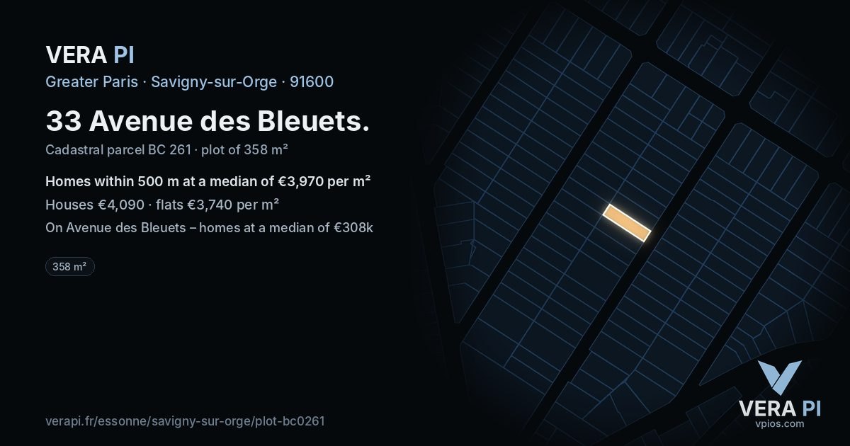 33 Avenue des Bleuets, Savigny-sur-Orge at night – the plot lit, the parcels around coloured by the prices near them