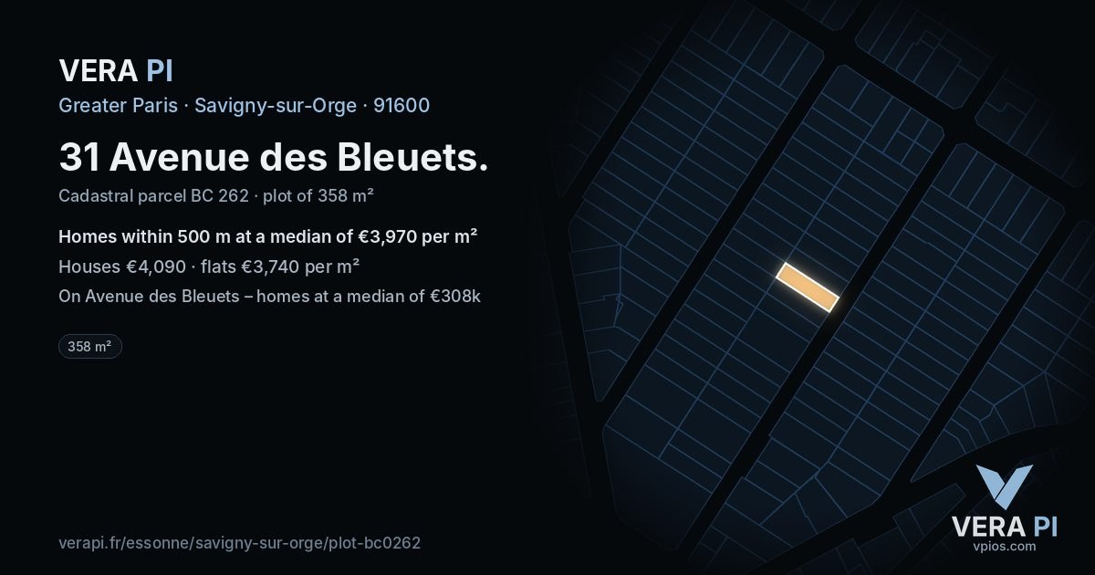 31 Avenue des Bleuets, Savigny-sur-Orge at night – the plot lit, the parcels around coloured by the prices near them