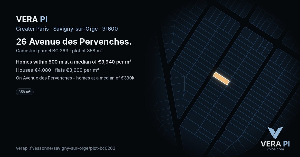 26 Avenue des Pervenches, Savigny-sur-Orge at night – the plot lit, the parcels around coloured by the prices near them