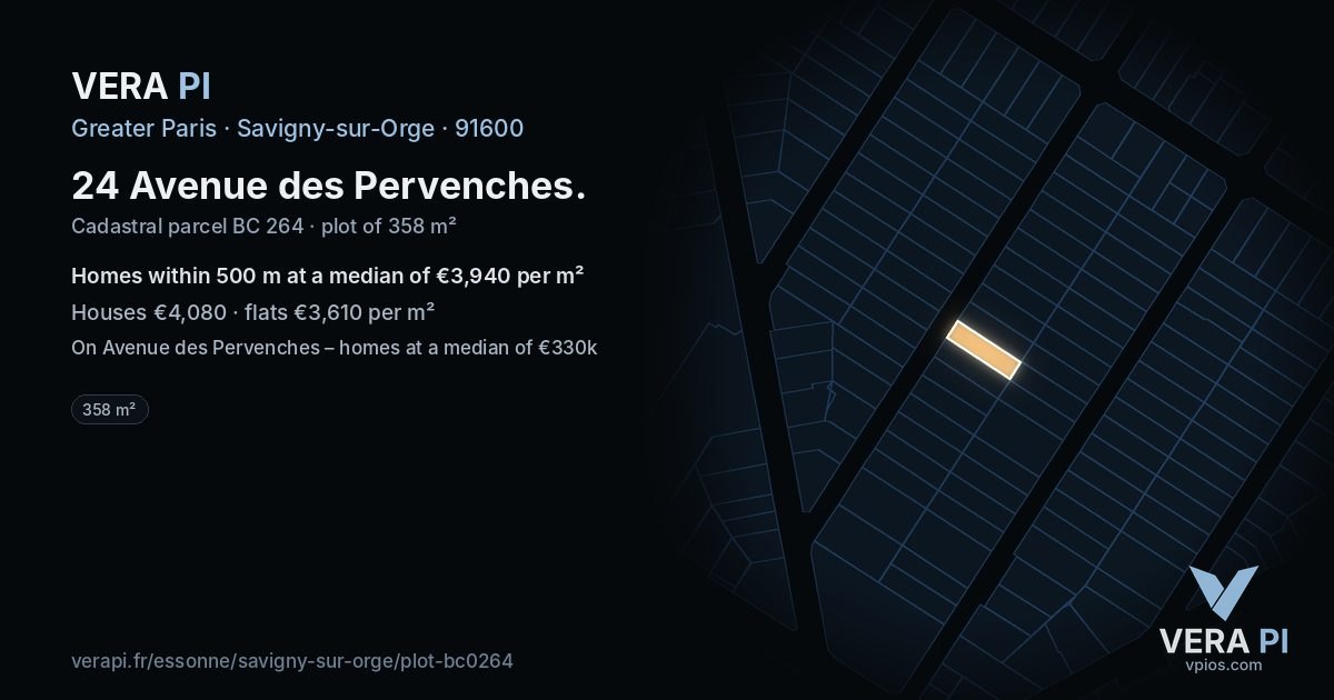 24 Avenue des Pervenches, Savigny-sur-Orge at night – the plot lit, the parcels around coloured by the prices near them
