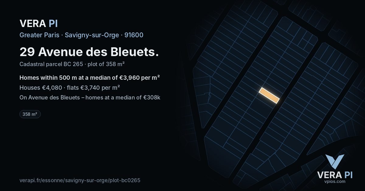 29 Avenue des Bleuets, Savigny-sur-Orge at night – the plot lit, the parcels around coloured by the prices near them