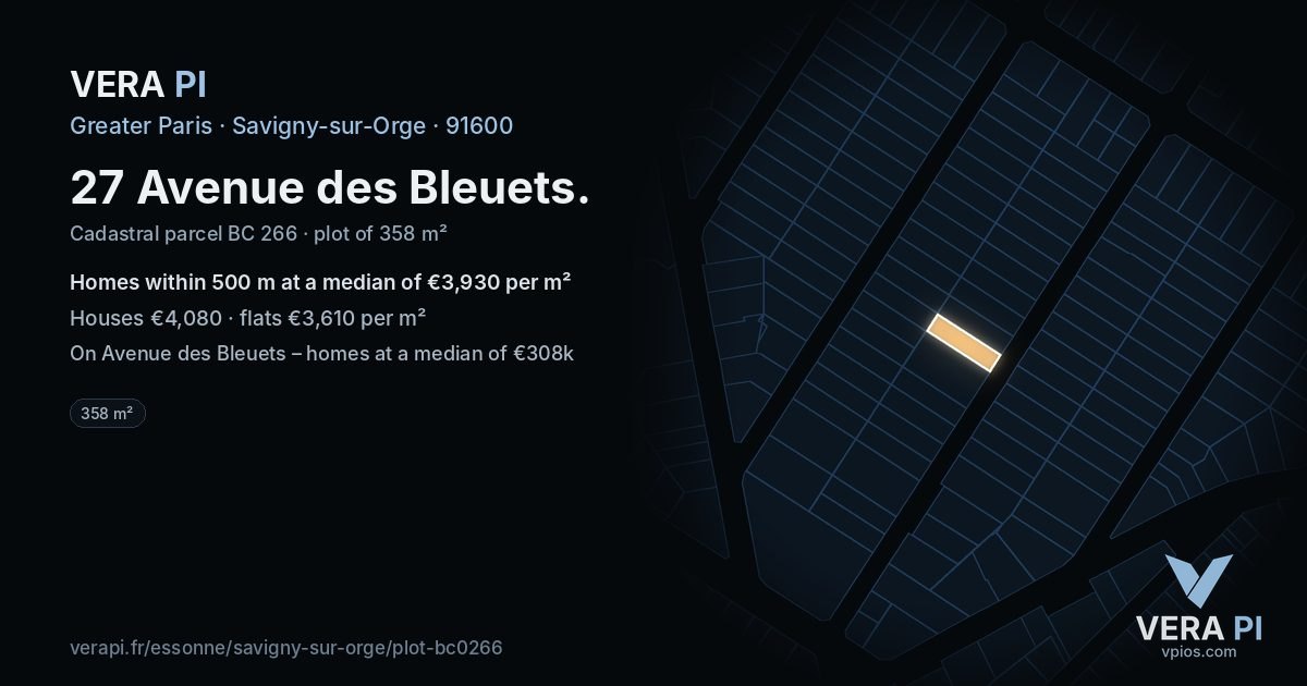 27 Avenue des Bleuets, Savigny-sur-Orge at night – the plot lit, the parcels around coloured by the prices near them