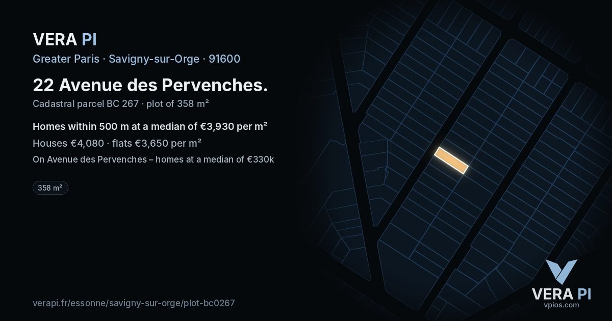 22 Avenue des Pervenches, Savigny-sur-Orge at night – the plot lit, the parcels around coloured by the prices near them