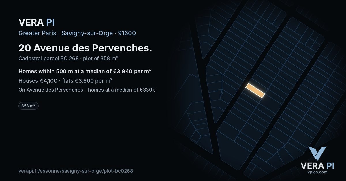 20 Avenue des Pervenches, Savigny-sur-Orge at night – the plot lit, the parcels around coloured by the prices near them