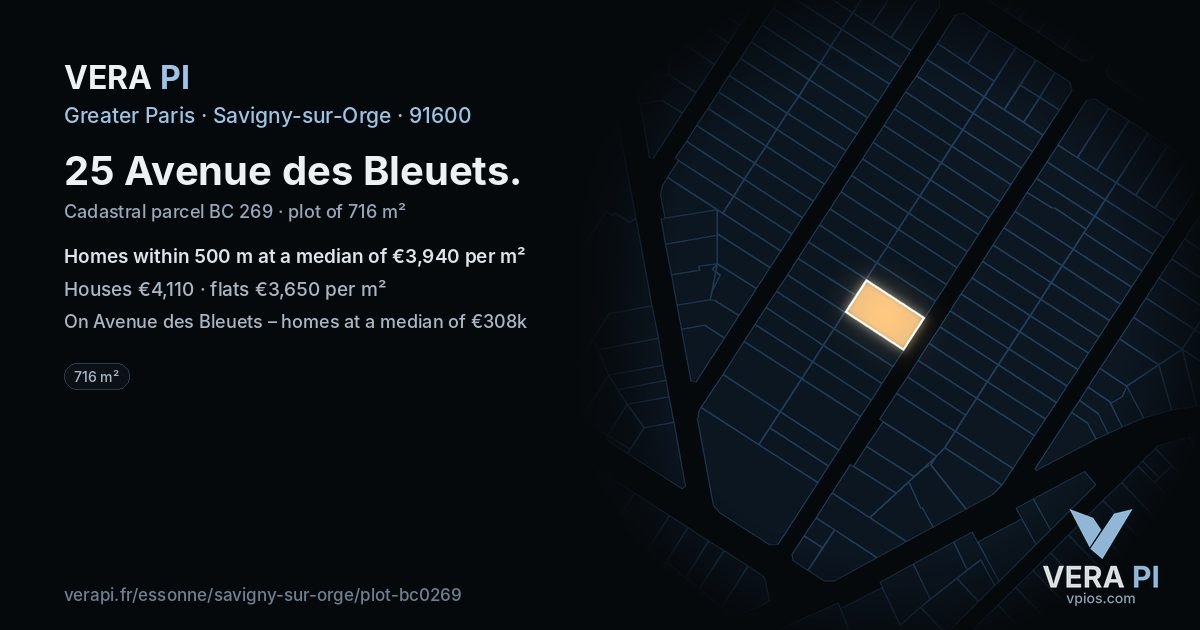 25 Avenue des Bleuets, Savigny-sur-Orge at night – the plot lit, the parcels around coloured by the prices near them