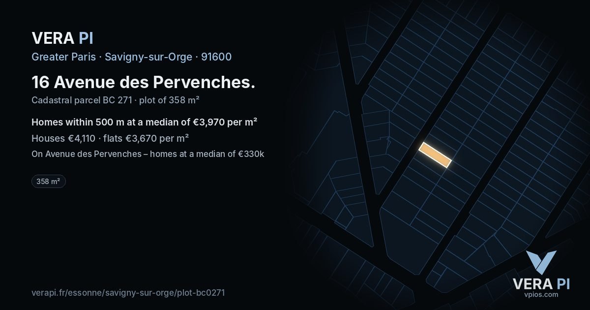 16 Avenue des Pervenches, Savigny-sur-Orge at night – the plot lit, the parcels around coloured by the prices near them