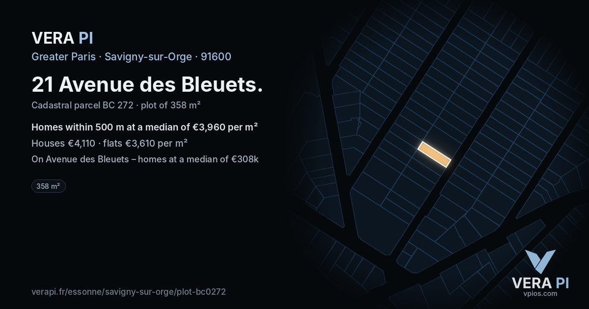 21 Avenue des Bleuets, Savigny-sur-Orge at night – the plot lit, the parcels around coloured by the prices near them