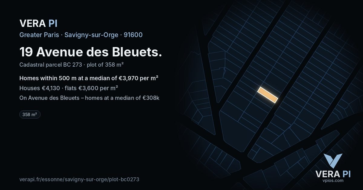 19 Avenue des Bleuets, Savigny-sur-Orge at night – the plot lit, the parcels around coloured by the prices near them