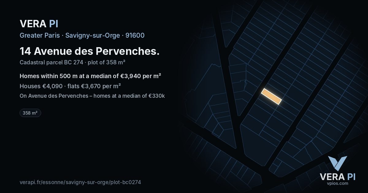 14 Avenue des Pervenches, Savigny-sur-Orge at night – the plot lit, the parcels around coloured by the prices near them