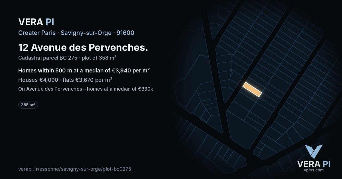 12 Avenue des Pervenches, Savigny-sur-Orge at night – the plot lit, the parcels around coloured by the prices near them