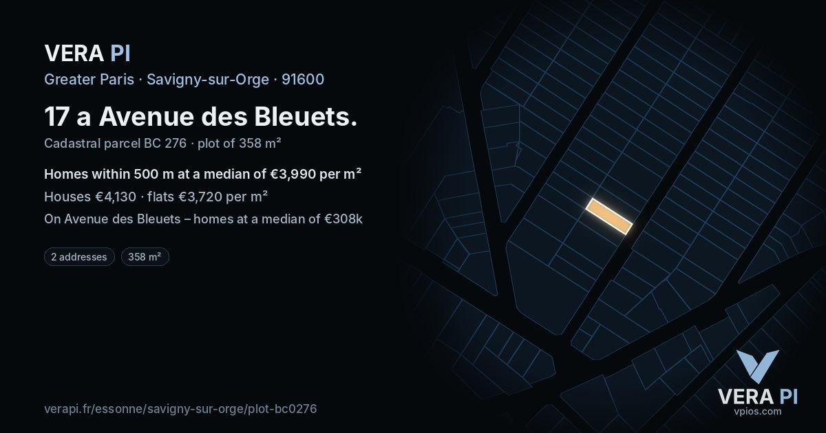 17 a Avenue des Bleuets, Savigny-sur-Orge at night – the plot lit, the parcels around coloured by the prices near them