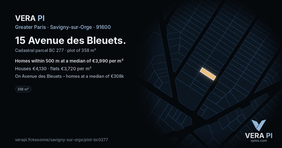 15 Avenue des Bleuets, Savigny-sur-Orge at night – the plot lit, the parcels around coloured by the prices near them