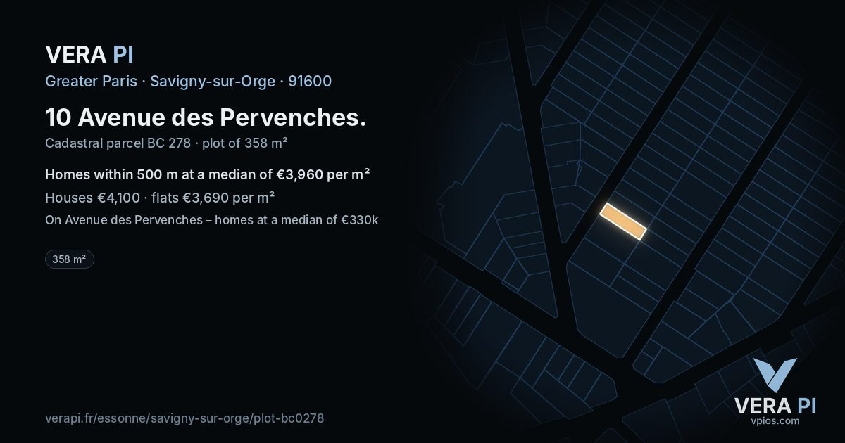 10 Avenue des Pervenches, Savigny-sur-Orge at night – the plot lit, the parcels around coloured by the prices near them