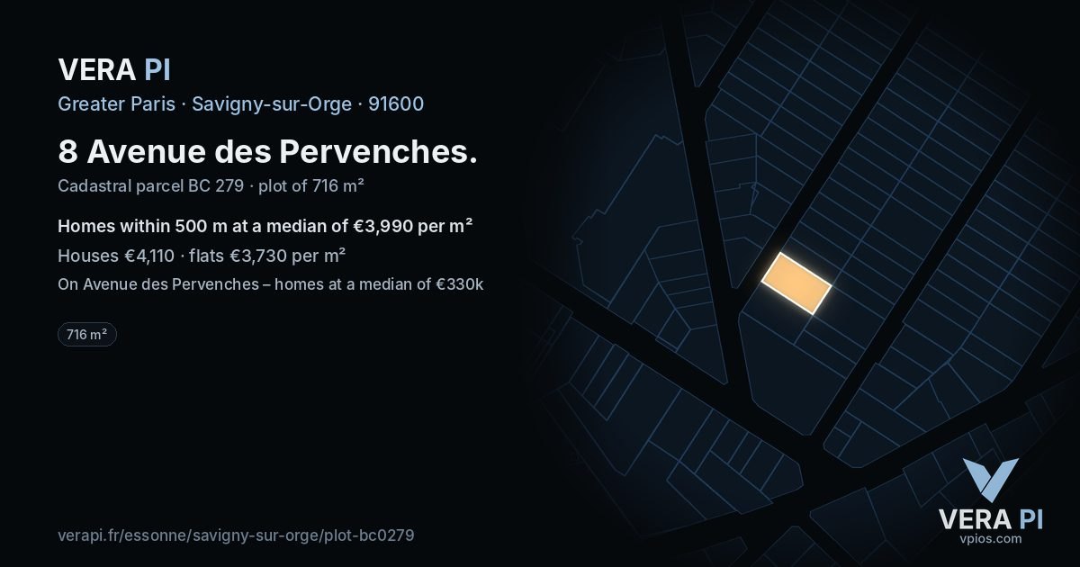8 Avenue des Pervenches, Savigny-sur-Orge at night – the plot lit, the parcels around coloured by the prices near them