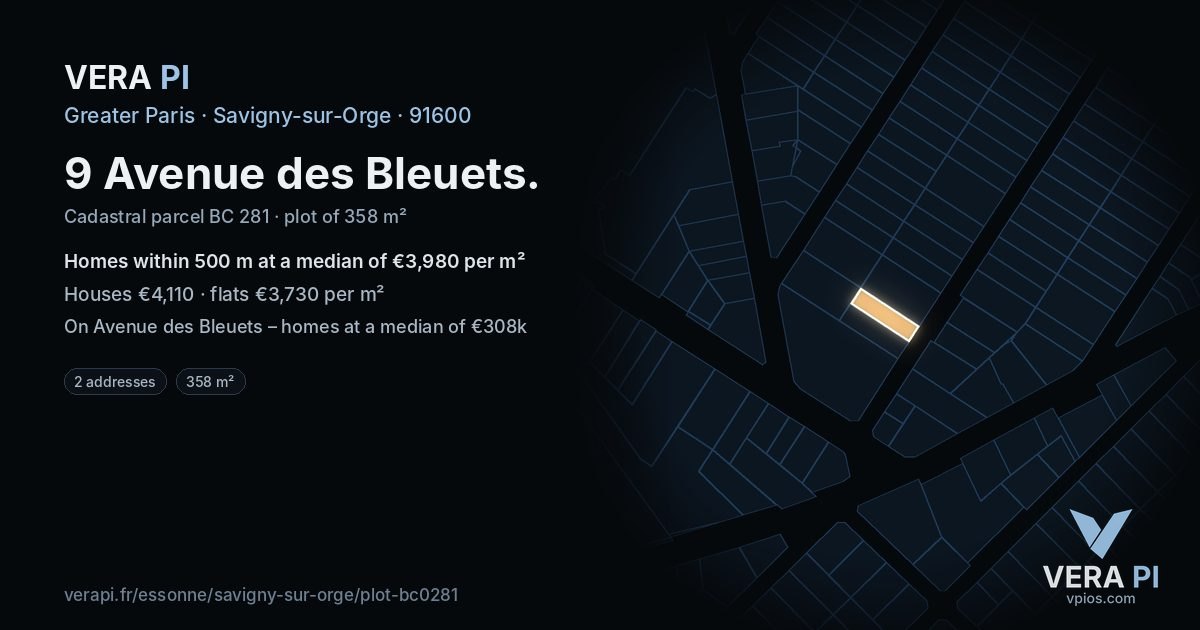 9 Avenue des Bleuets, Savigny-sur-Orge at night – the plot lit, the parcels around coloured by the prices near them