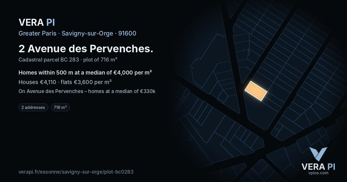 2 Avenue des Pervenches, Savigny-sur-Orge at night – the plot lit, the parcels around coloured by the prices near them