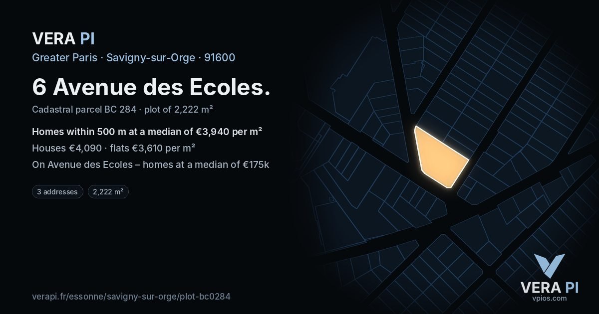 6 Avenue des Ecoles, Savigny-sur-Orge at night – the plot lit, the parcels around coloured by the prices near them
