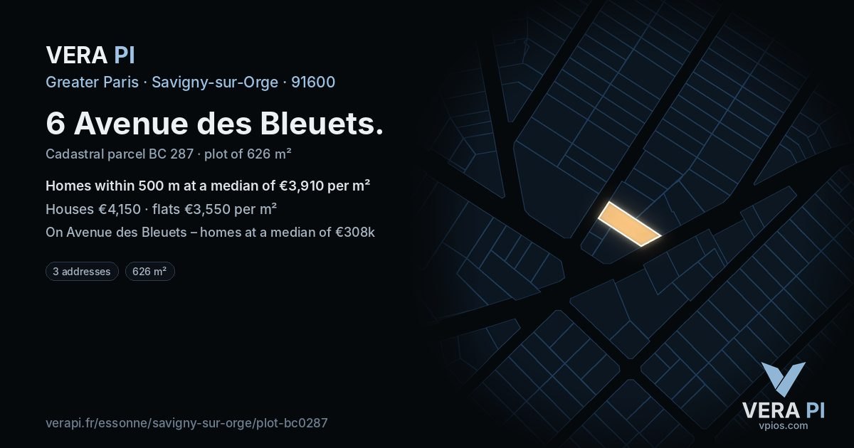 6 Avenue des Bleuets, Savigny-sur-Orge at night – the plot lit, the parcels around coloured by the prices near them
