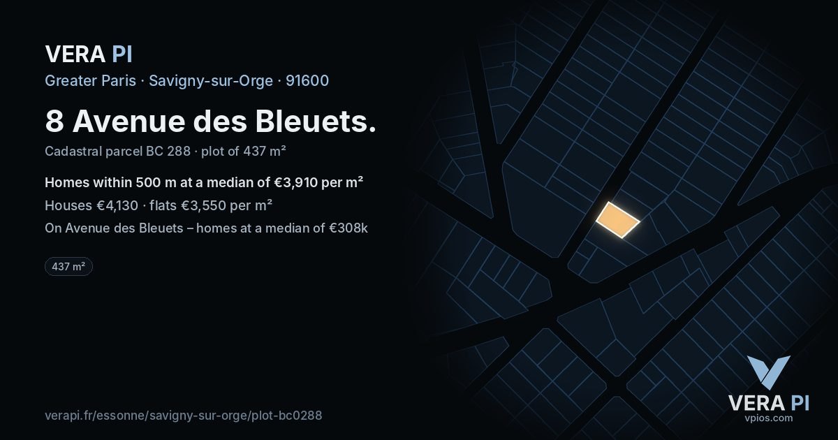 8 Avenue des Bleuets, Savigny-sur-Orge at night – the plot lit, the parcels around coloured by the prices near them