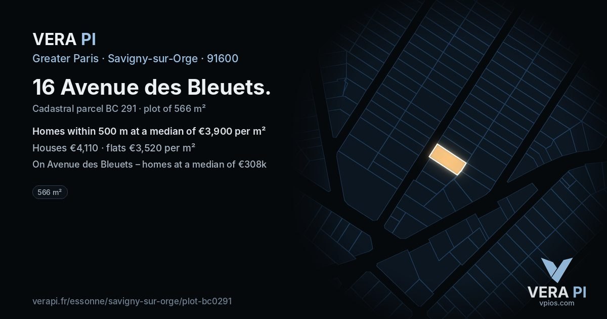 16 Avenue des Bleuets, Savigny-sur-Orge at night – the plot lit, the parcels around coloured by the prices near them