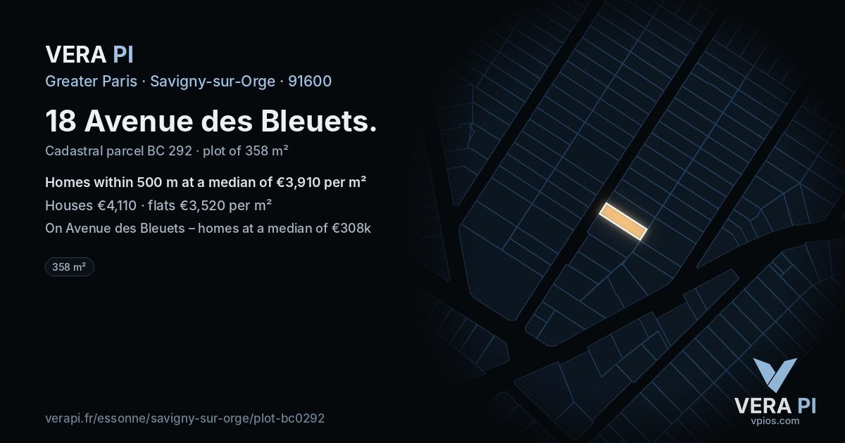 18 Avenue des Bleuets, Savigny-sur-Orge at night – the plot lit, the parcels around coloured by the prices near them