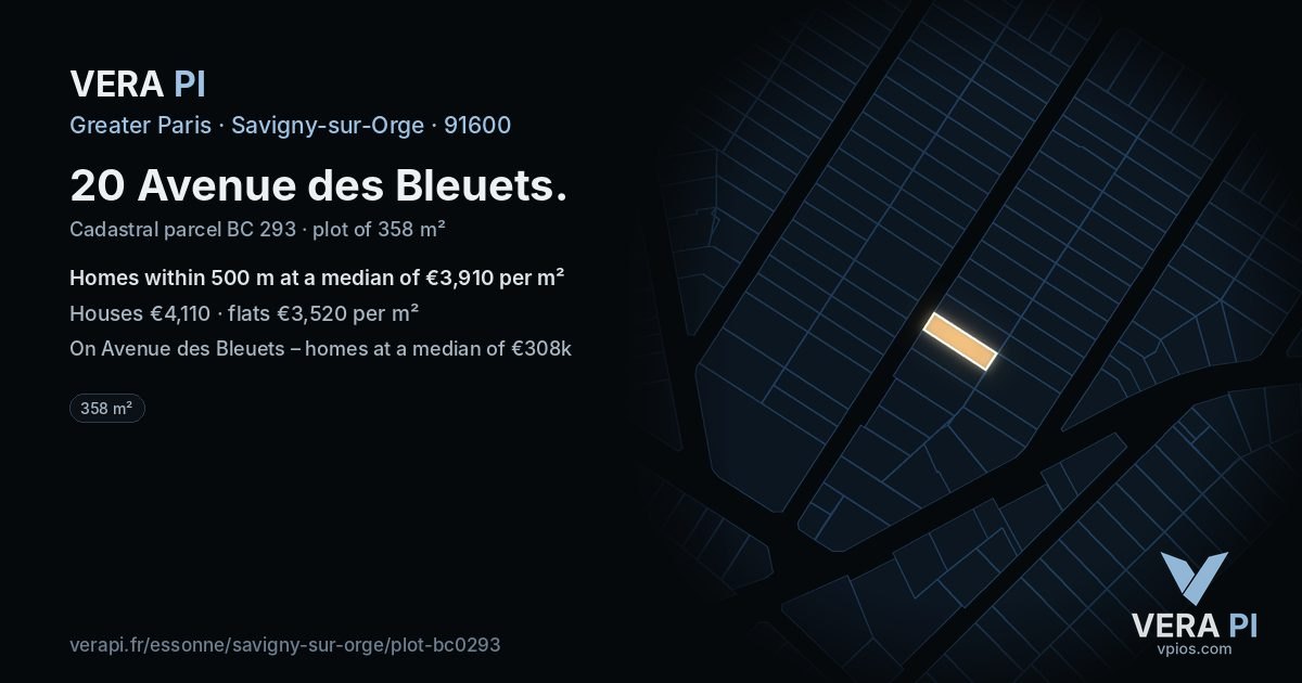 20 Avenue des Bleuets, Savigny-sur-Orge at night – the plot lit, the parcels around coloured by the prices near them
