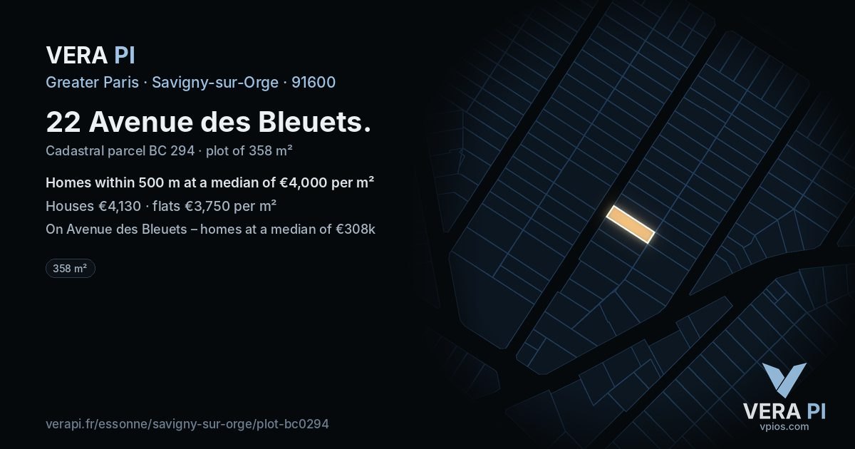 22 Avenue des Bleuets, Savigny-sur-Orge at night – the plot lit, the parcels around coloured by the prices near them