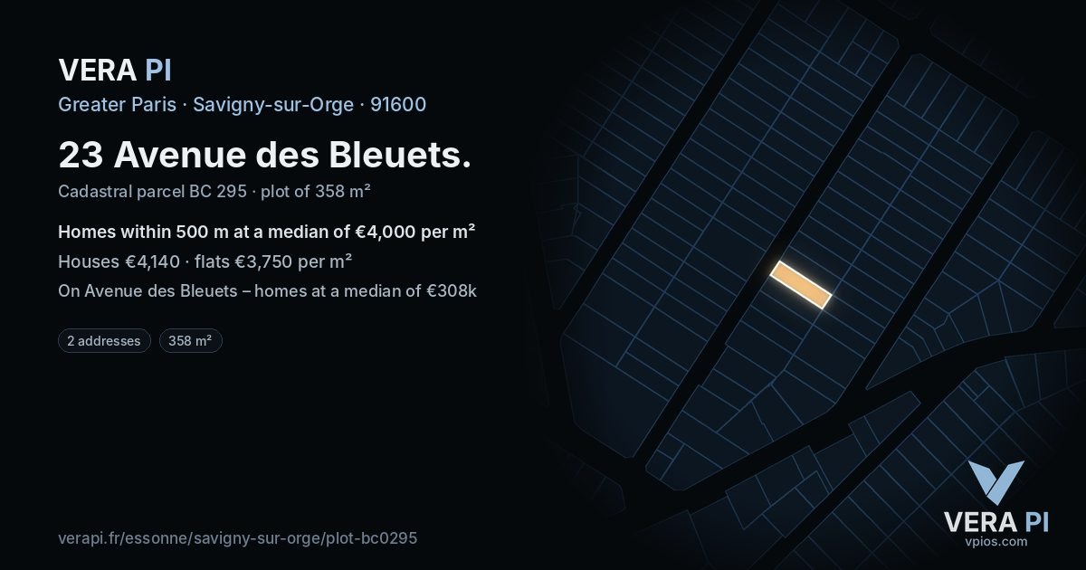23 Avenue des Bleuets, Savigny-sur-Orge at night – the plot lit, the parcels around coloured by the prices near them