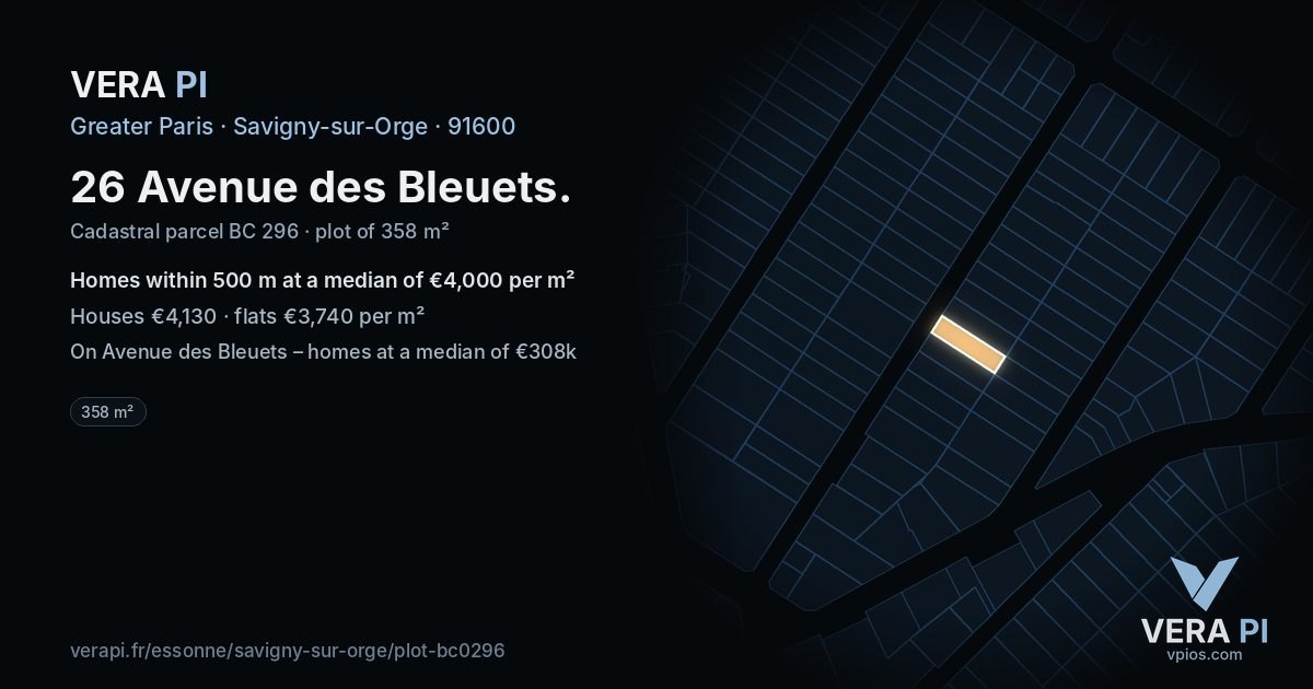 26 Avenue des Bleuets, Savigny-sur-Orge at night – the plot lit, the parcels around coloured by the prices near them