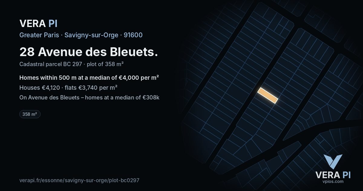 28 Avenue des Bleuets, Savigny-sur-Orge at night – the plot lit, the parcels around coloured by the prices near them