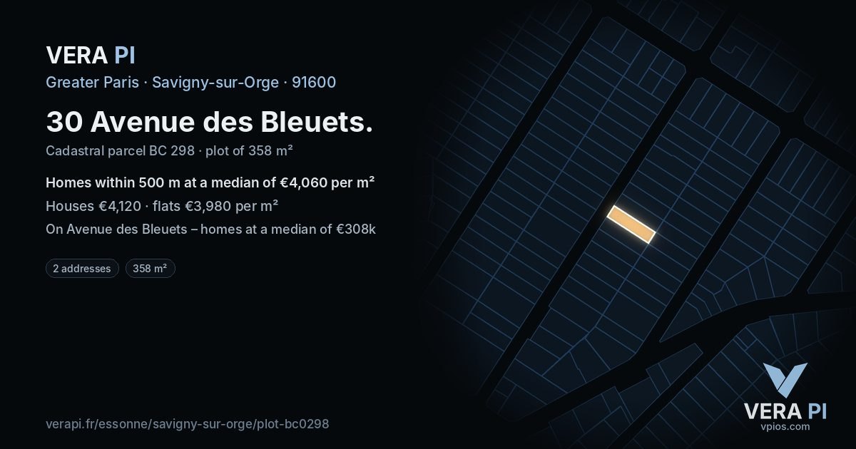 30 Avenue des Bleuets, Savigny-sur-Orge at night – the plot lit, the parcels around coloured by the prices near them