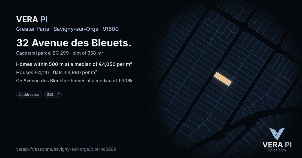32 Avenue des Bleuets, Savigny-sur-Orge at night – the plot lit, the parcels around coloured by the prices near them