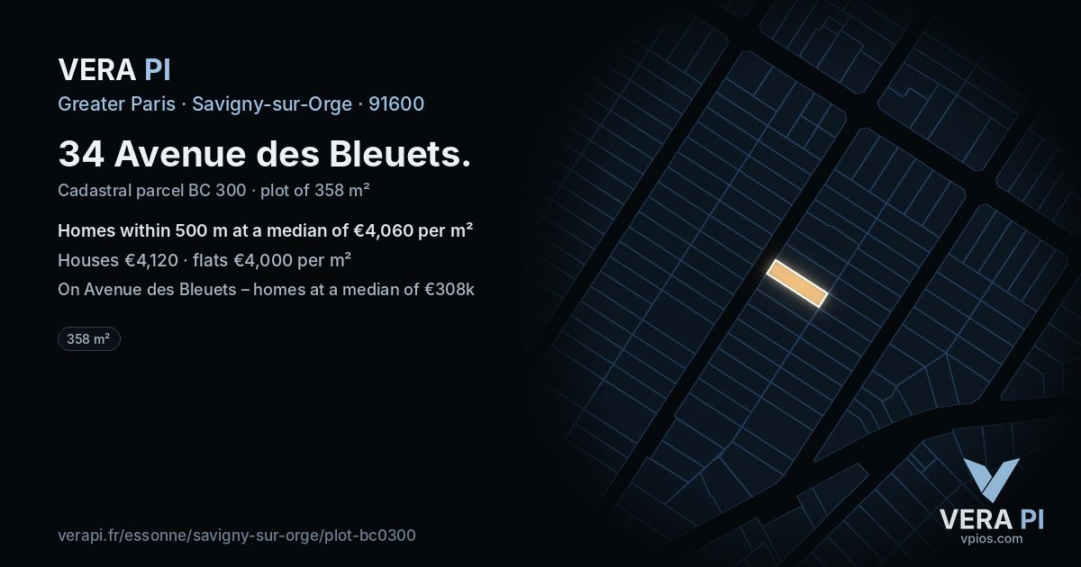 34 Avenue des Bleuets, Savigny-sur-Orge at night – the plot lit, the parcels around coloured by the prices near them